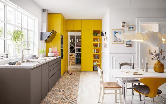 yellow white bright kitchen design