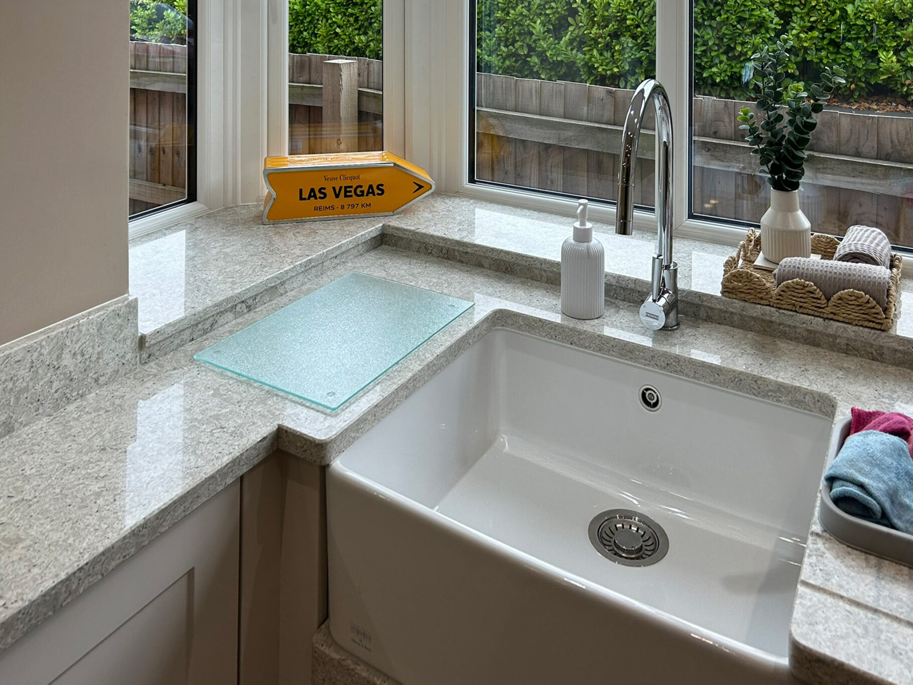 New fitted belfast sink quartz worktop window sill