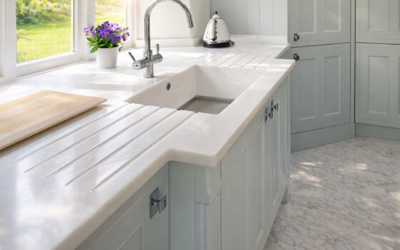 Corian kitchen worktops white integrated single unit bay window