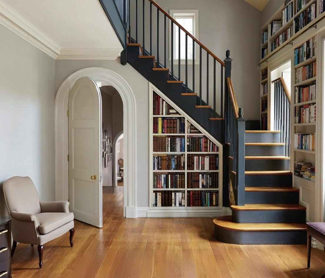 Small libraries fit under stairs fitted bookshelves designed and built by Holts KDE