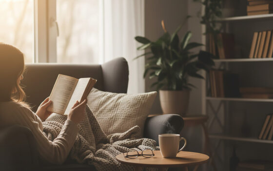 Small libraries why you need one woman relaxing reading book shelves background window