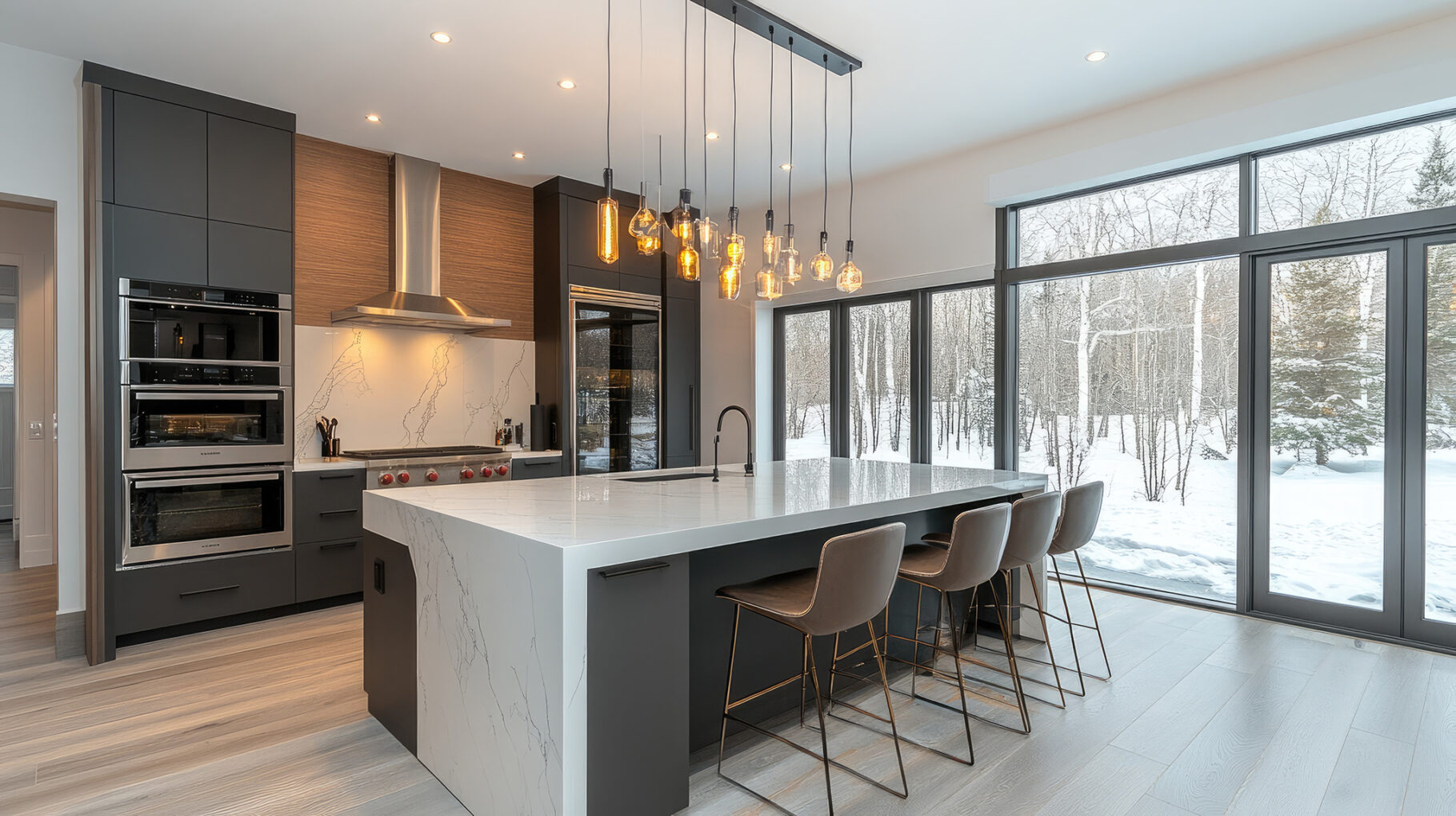 Luxury handleless kitchen with island seating in a Cheshire family home