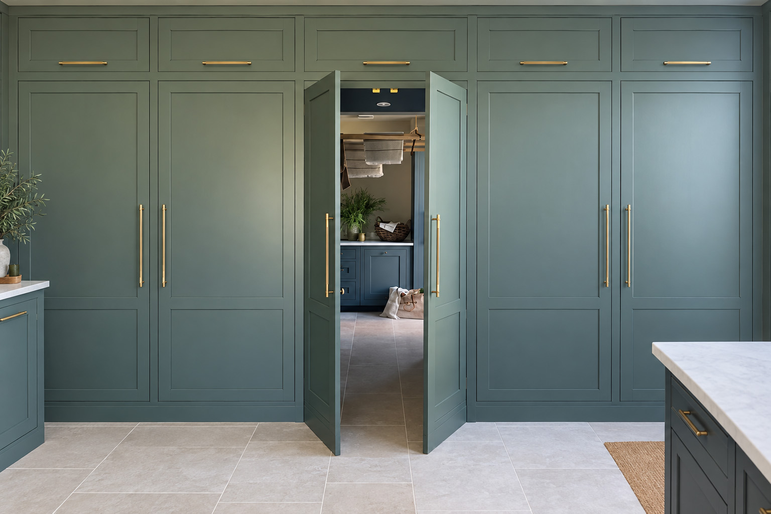 Concealed larder storage Concealed larder with double doors open, hidden behind matching kitchen fronts