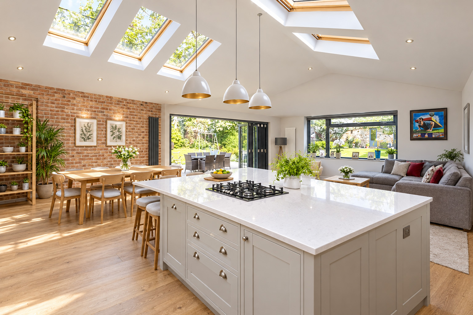 Kitchen extension design Nantwich Open-plan kitchen extension with island and pendant lighting planned before the build