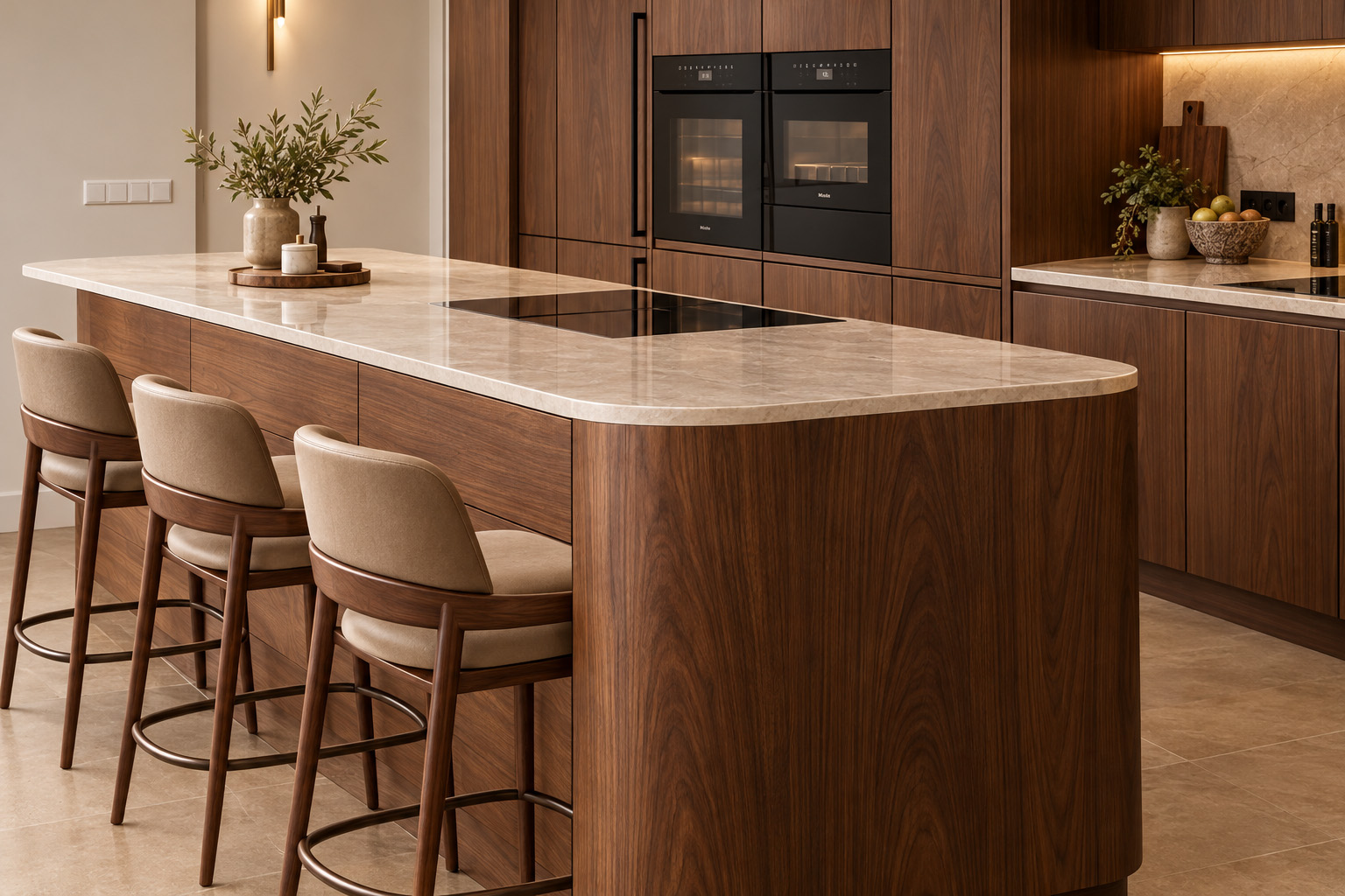Kitchen trends 2027 – warm wood and curves Kitchen trends 2027: a warm walnut effect kitchen with a curved island